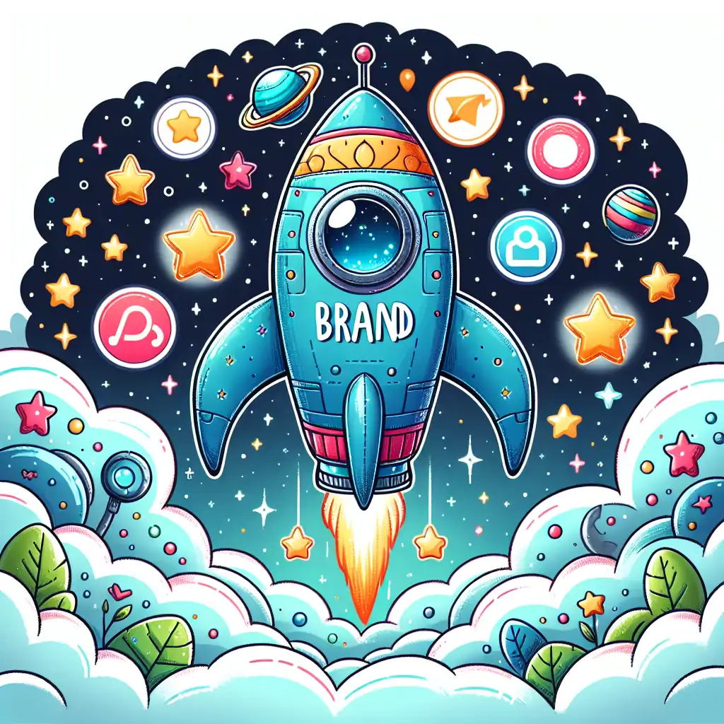 A graphic showing a rocket adorned with various brand logos poised to launch into the galaxy.