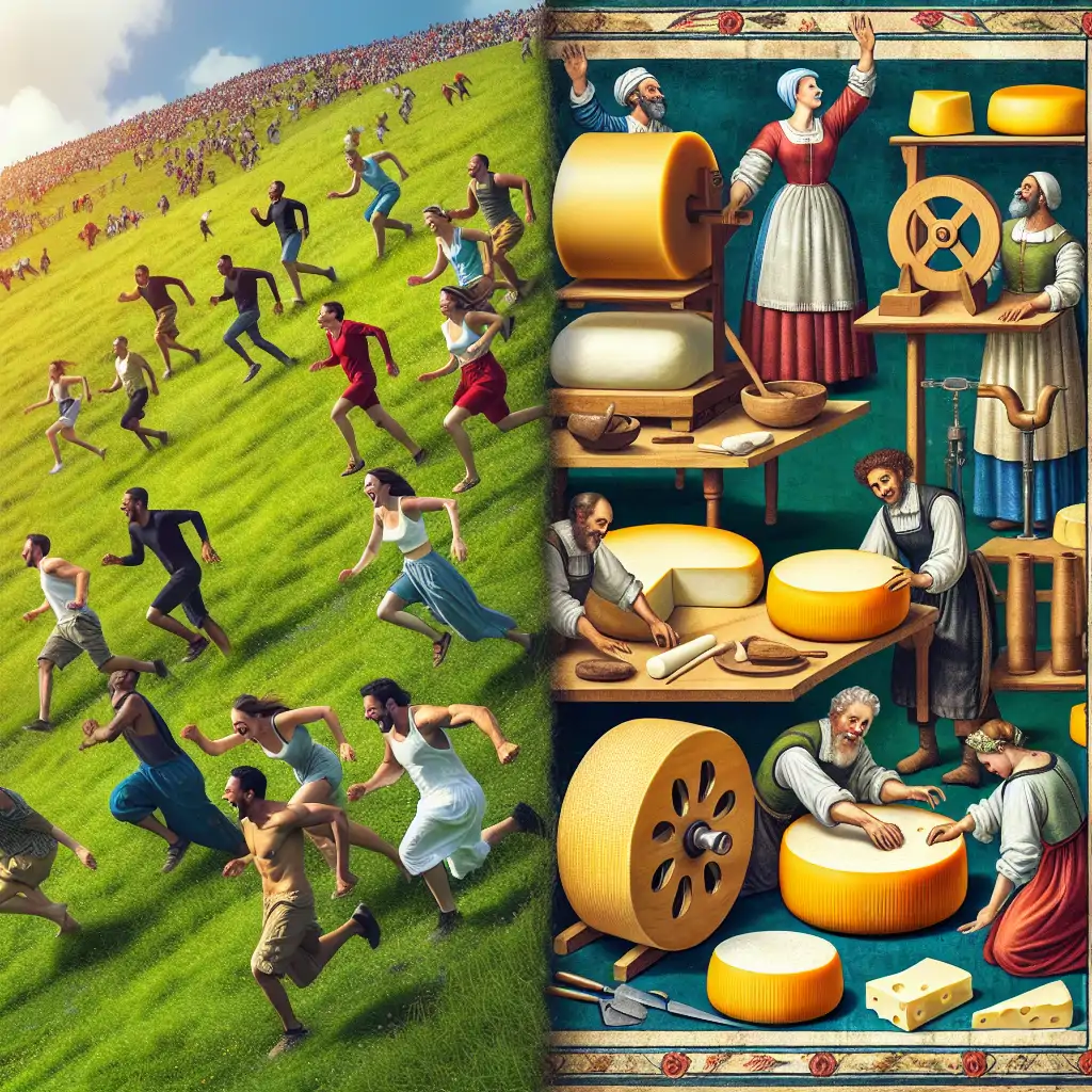 A split image showing people participating in the cheese rolling festival on one side and an ancient illustration of people making cheese on the other side.