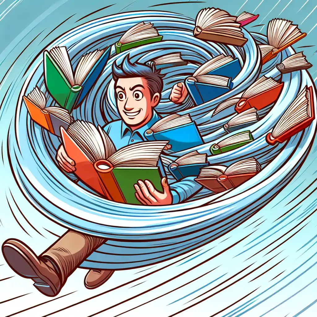 An image of a person speed-reading numerous books in a comical whirlwind.