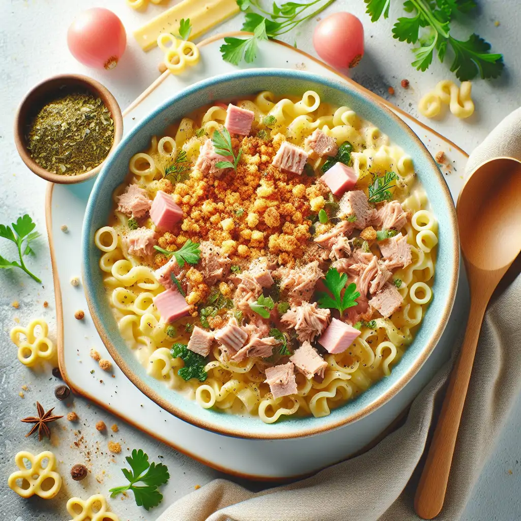 A colorful and delicious contemporary version of the 1980s tuna noodle casserole, garnished with fresh herbs and artisanal breadcrumbs.