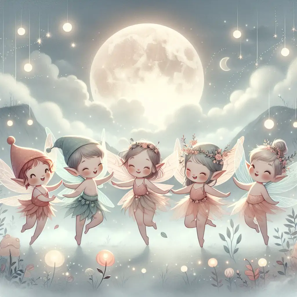 An artist's illustration of playful pixies dancing on a misty moor under a moonlit sky.