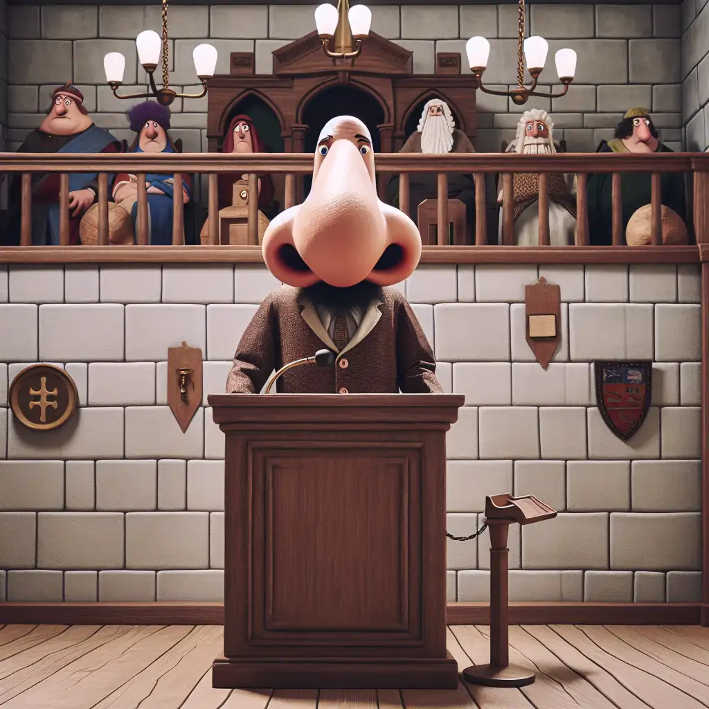 A humorous illustration of a medieval courtroom with a large cartoonish nose positioned at the defendant's podium.