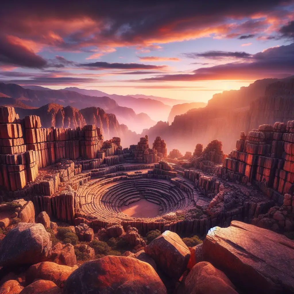 A natural stone amphitheater in the Atlas Mountains, bathed in the soft glow of sunset, with jagged rock formations creating a semi-circular stage.