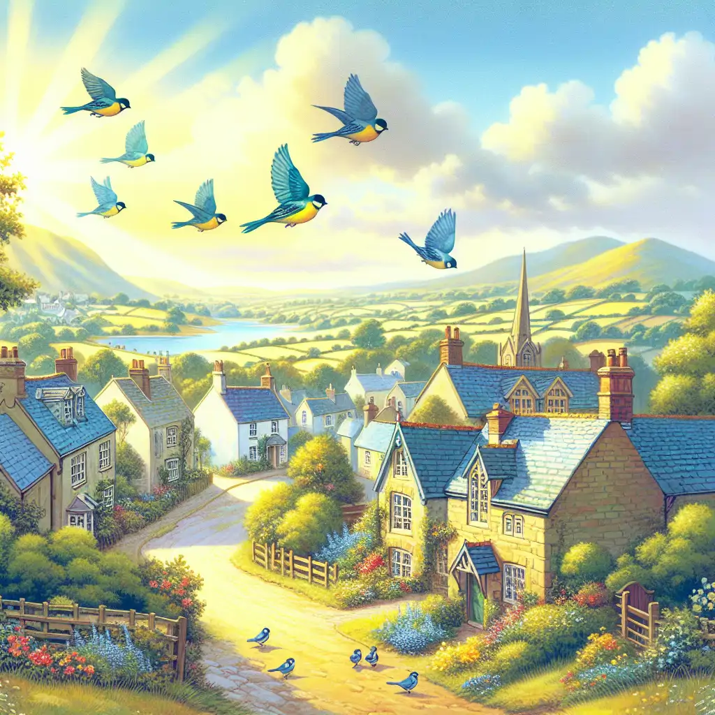 A scenic view of Puddlewood village with a sunny sky and canaries in flight.