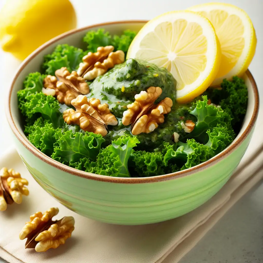 A vibrant bowl of vegan kale and walnut pesto garnished with a slice of lemon and whole walnuts.