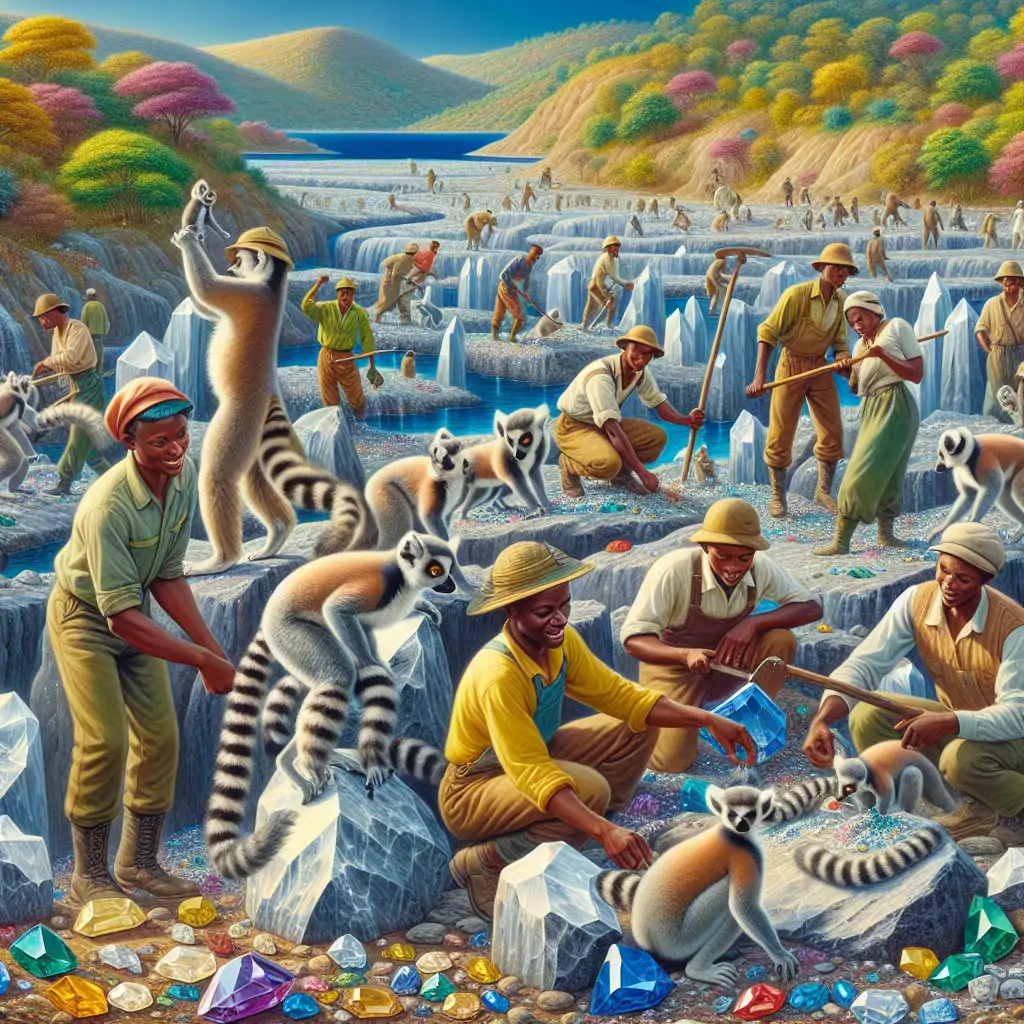 A lively group of gem hunters in the sapphire fields, surrounded by vibrant landscapes and interacting with playful lemurs.