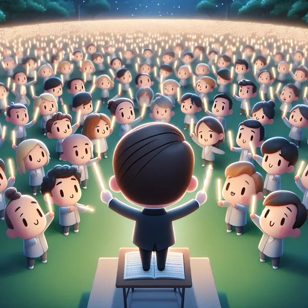 Melvin conducting an outdoor concert with the audience holding glow sticks, creating a sea of light.