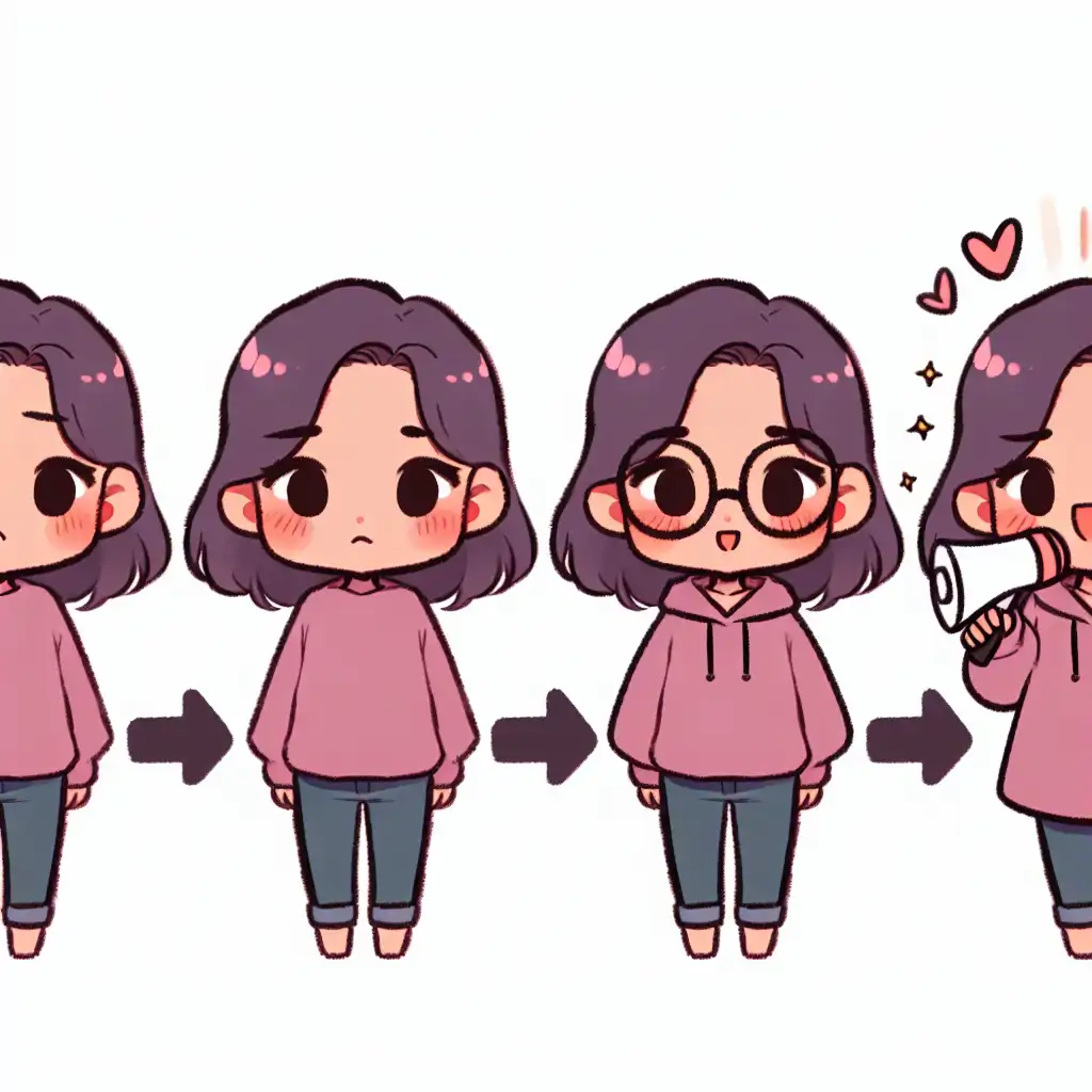 Illustration of a person transforming from a timid figure into a vocal advocate.