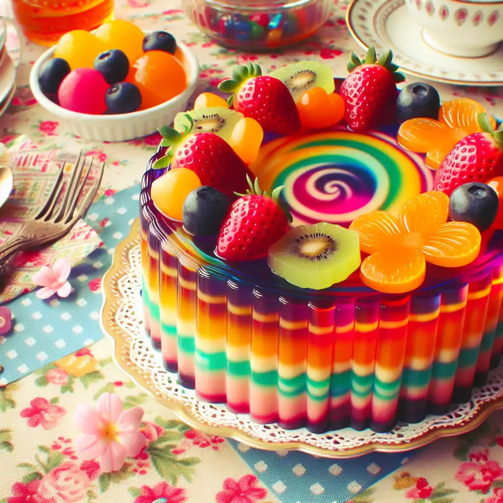 A vibrant, multi-layered swirled gelatin cake with fruit garnishes on a retro-patterned tablecloth.