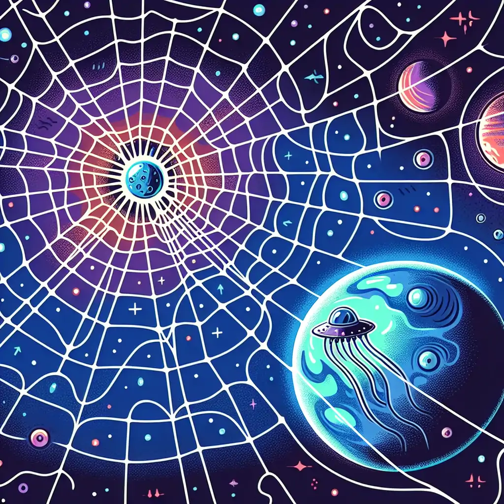 A representation of the cosmic web connecting different periods in time with an alien spaceship navigating through it.