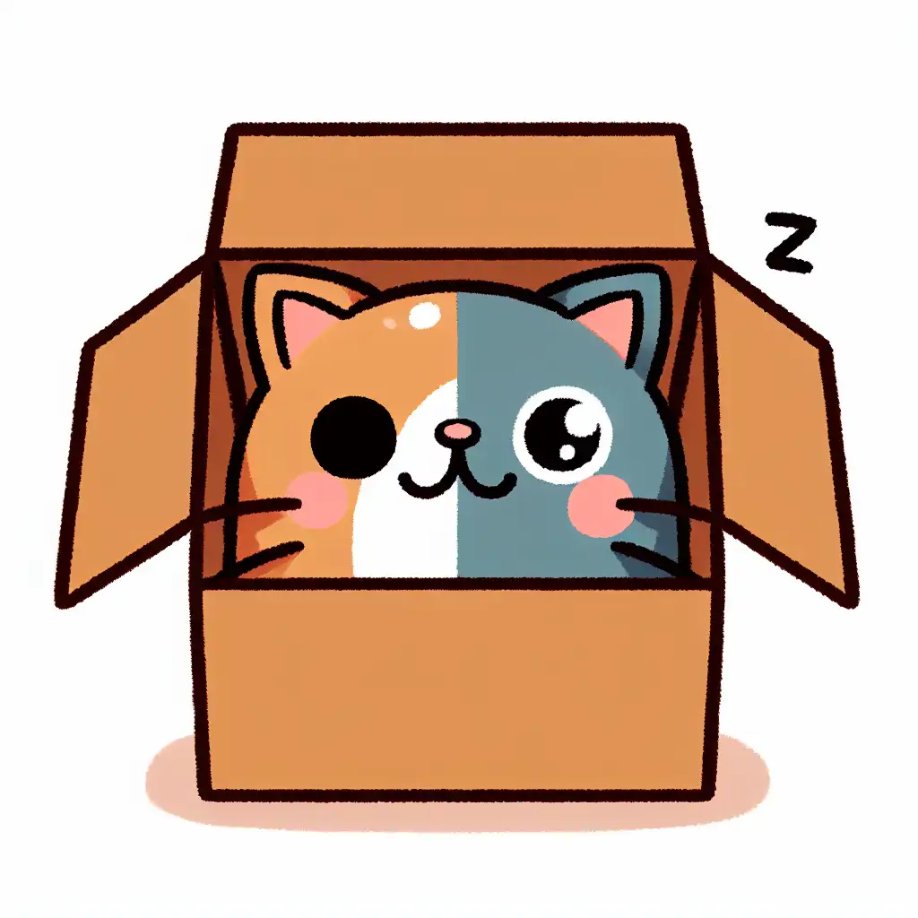A whimsical illustration of a cat both alive and dead inside a box, symbolizing Schrödinger's thought experiment.