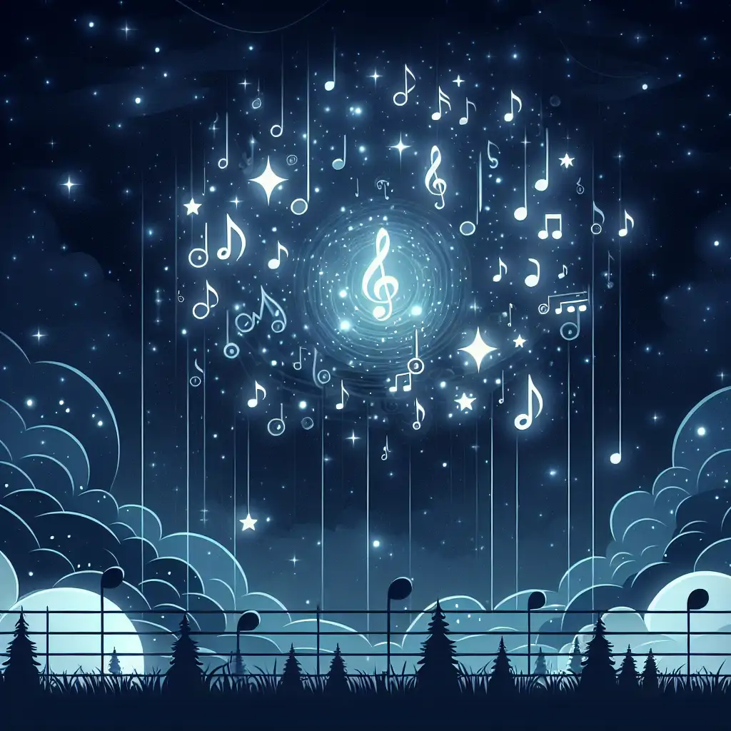 Starry night sky with musical notes illustrating cosmic sounds
