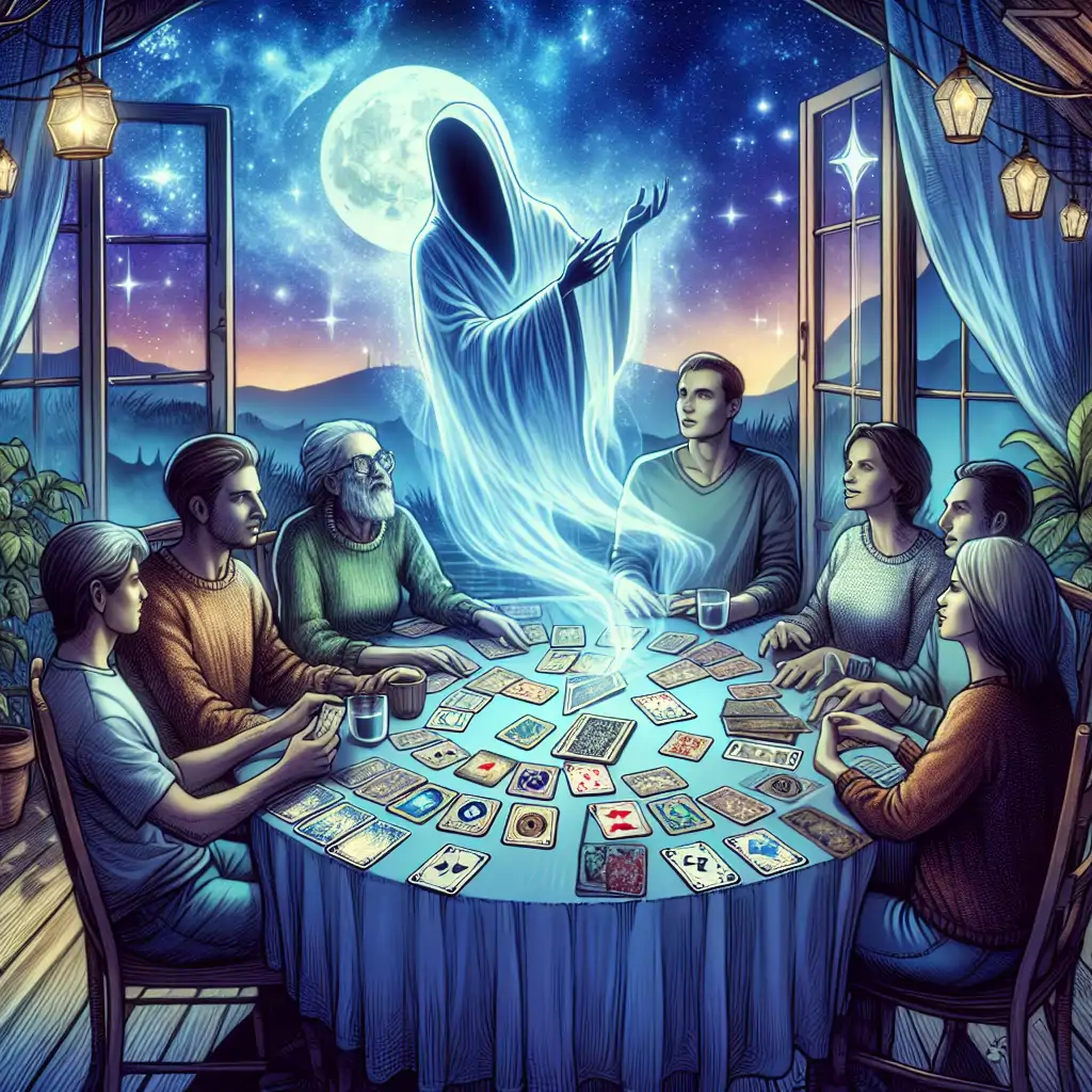 A ghostly figure interacting with psychic players at a board game table, surrounded by vision cards.