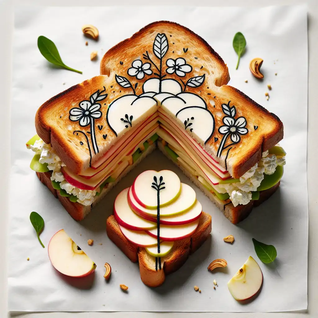 A beautifully styled vegan toasted sandwich with visible layers of apple and celeriac Havarti.