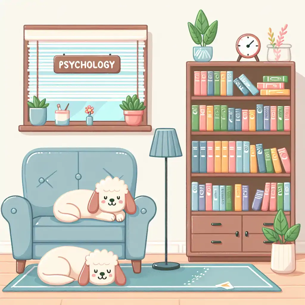 A therapist's office with a large bookshelf full of psychology books, a comfy chair, and a sleeping dog nearby.