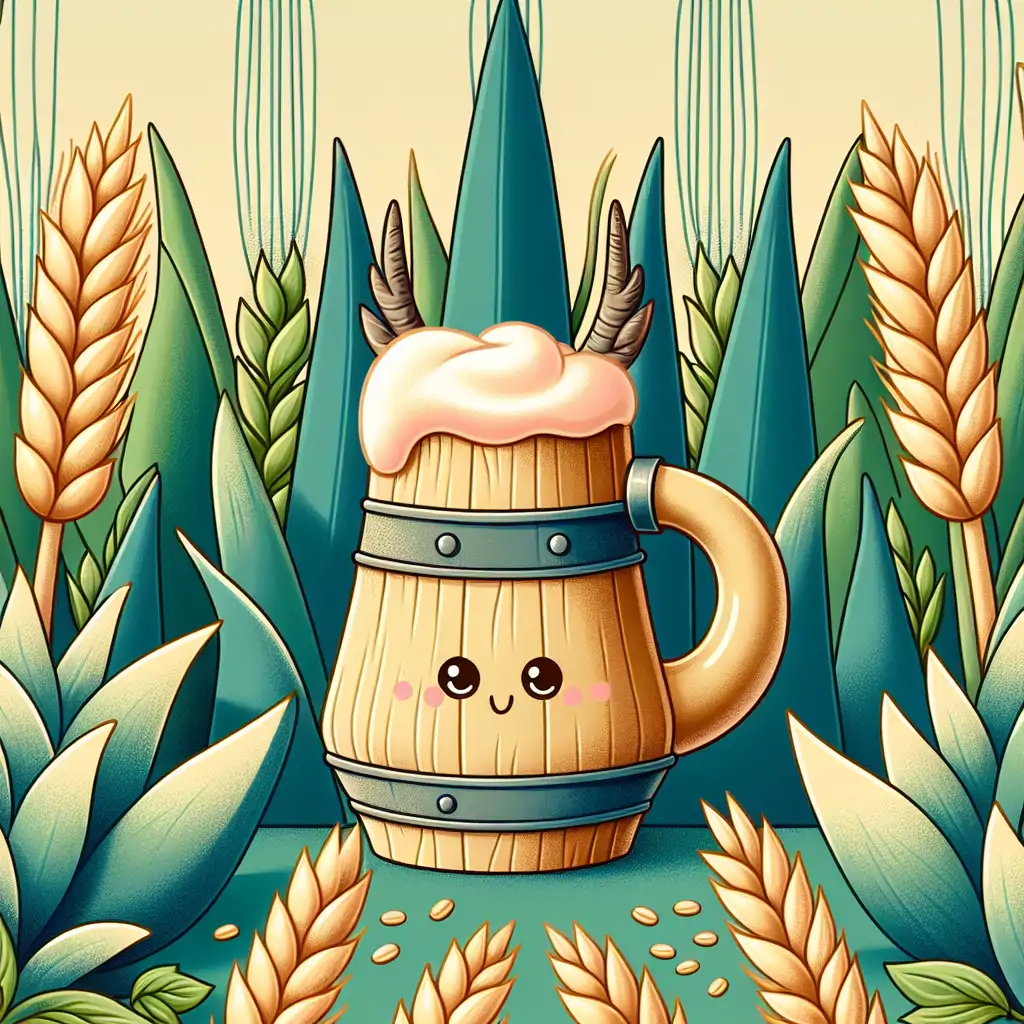 A Viking-style drinking horn filled with a golden liquid, surrounded by barley and agave plants.