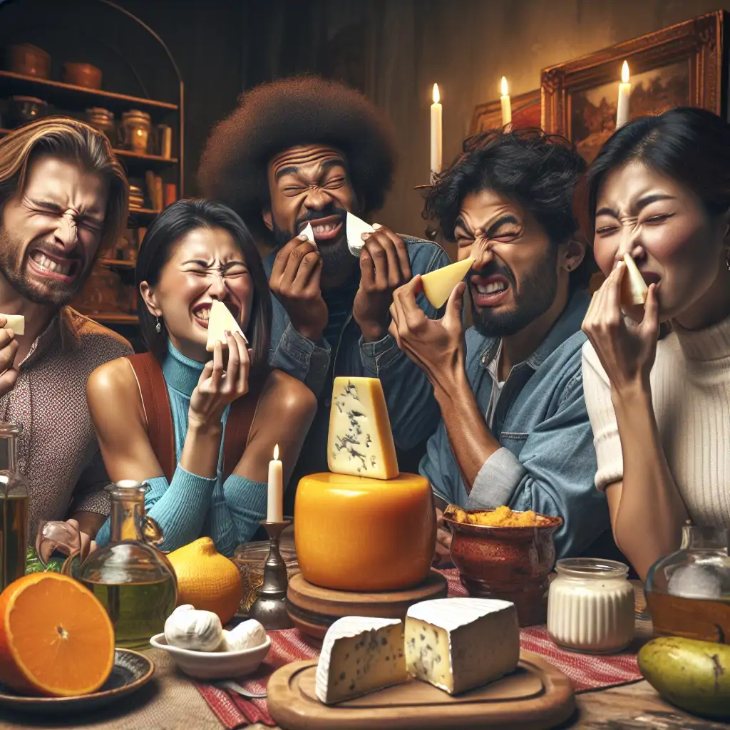 A whimsical cartoon of friends enjoying a cheese tasting session, laughing and holding their noses in good humor as they sample various stinky cheeses.