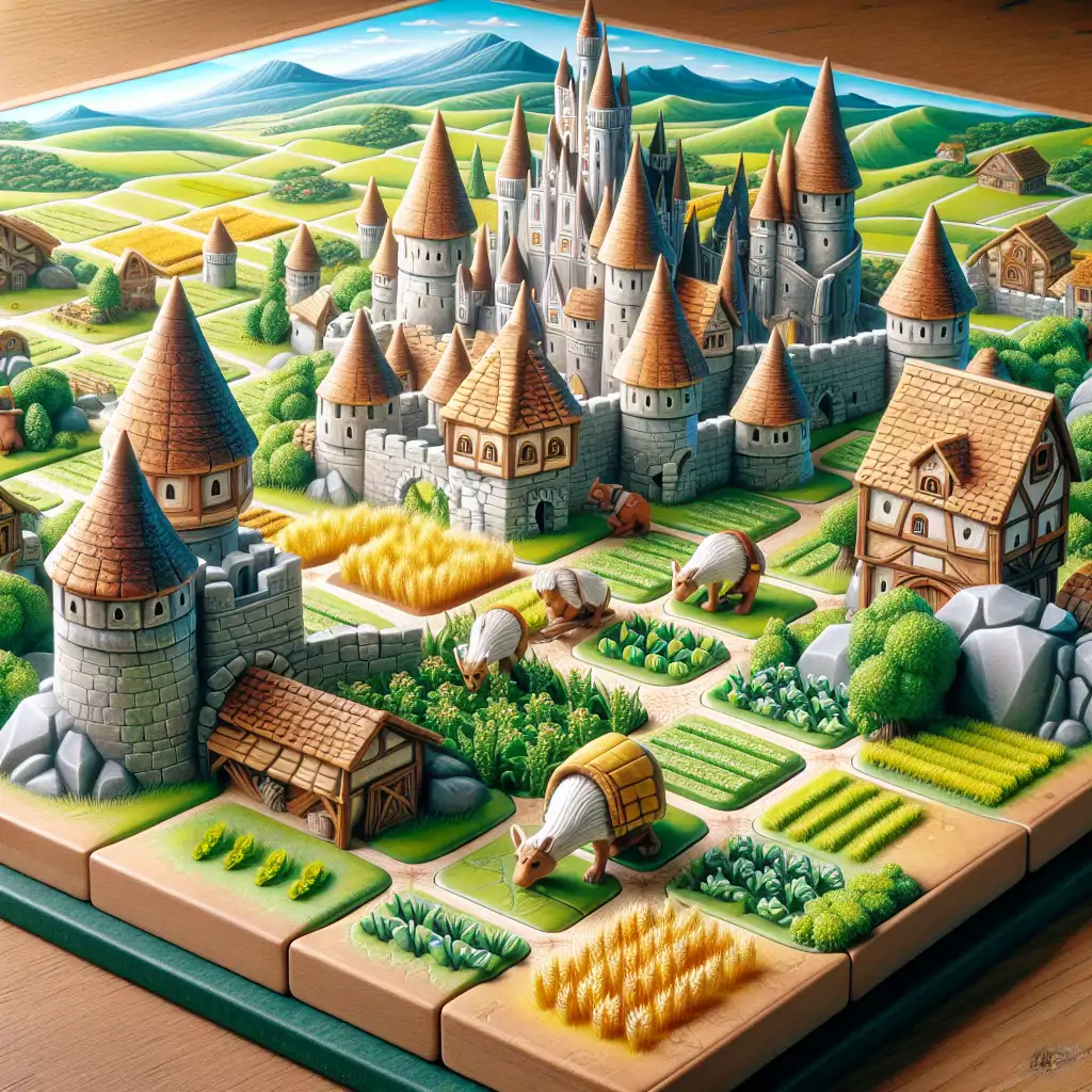 A picturesque scene of Carcassonne with completed cities and farmers in the fields, signifying a mastered game.