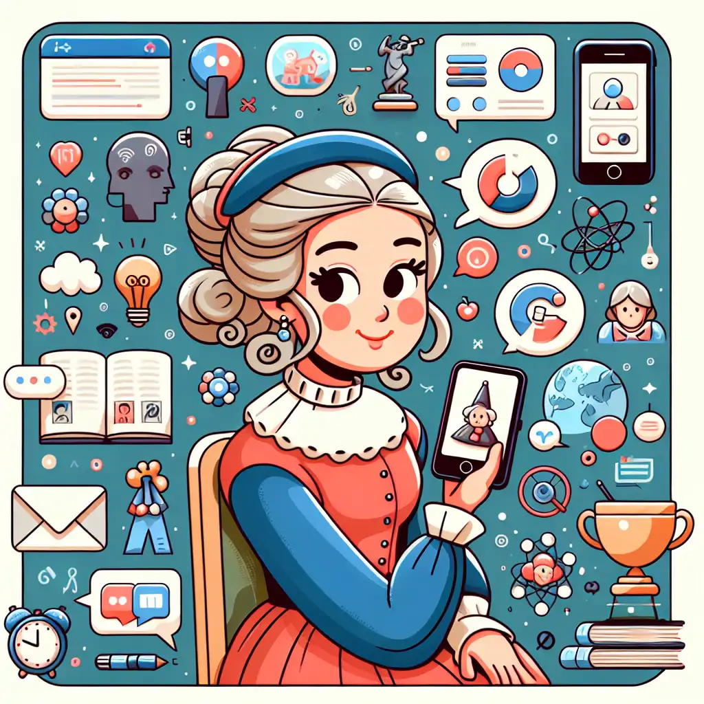 A whimsical illustration of Simone de Beauvoir with a smartphone, surrounded by digital icons and philosophical texts.