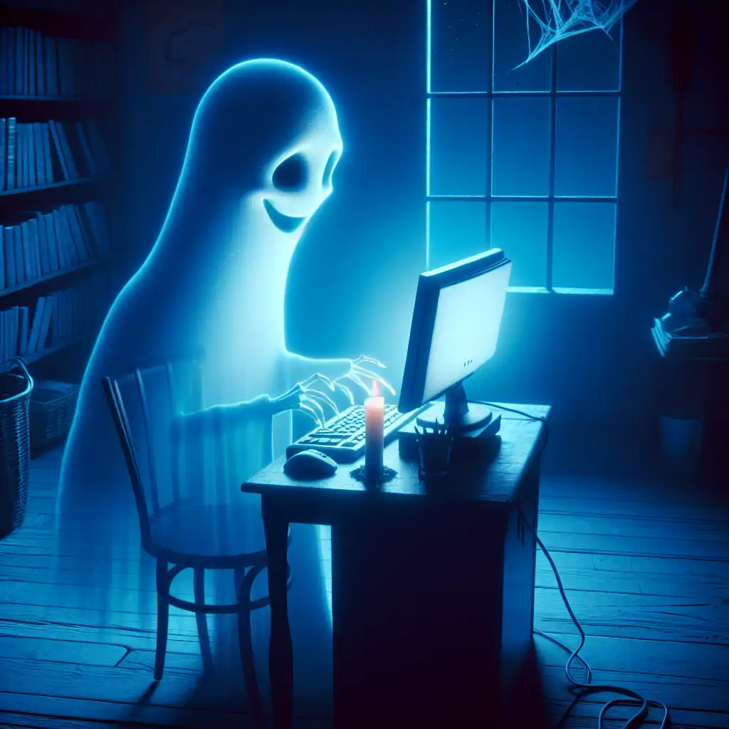 A dimly lit room with a ghostly figure interacting with a desktop computer.