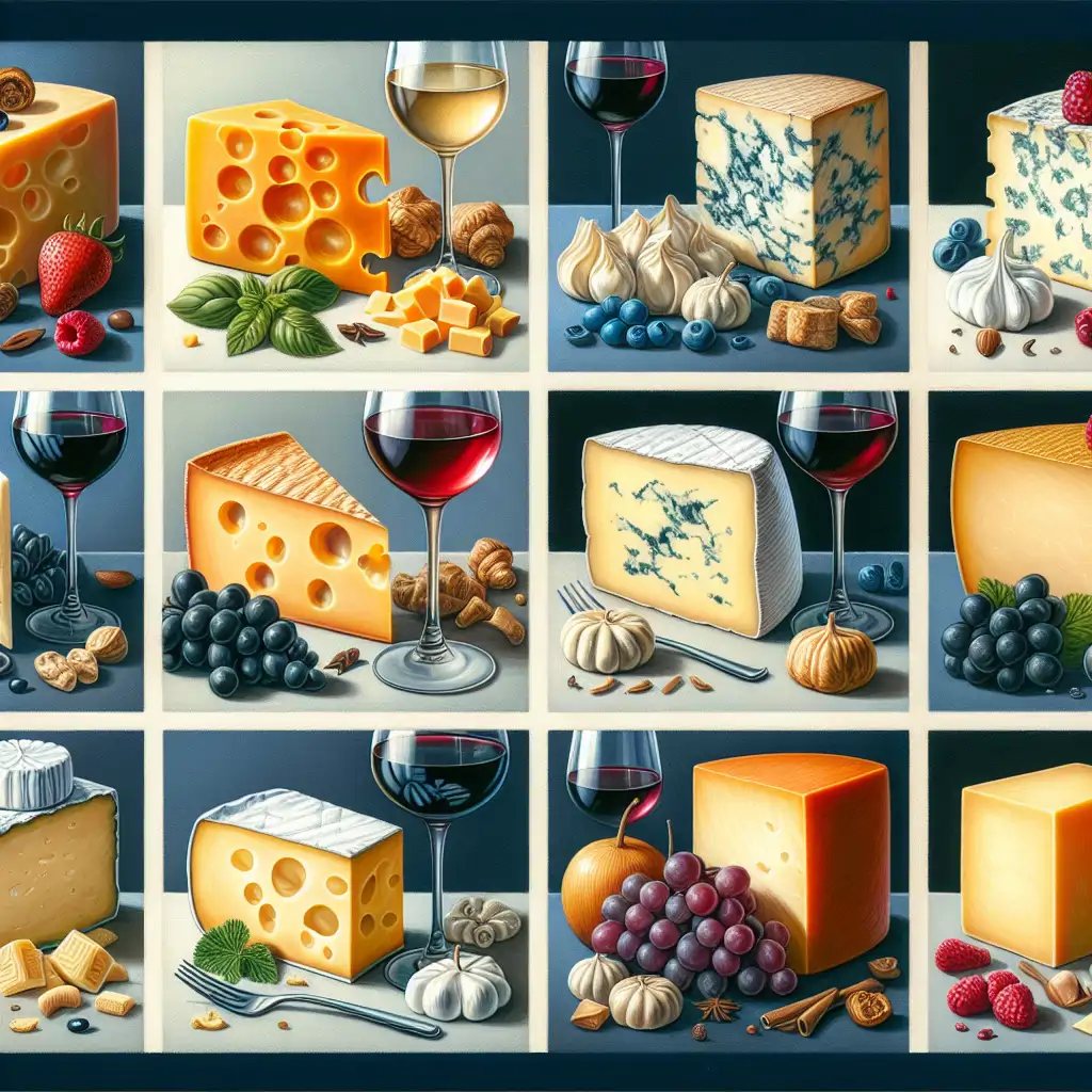A collage of different cheese and wine pairings with brief notes describing why they work well together.