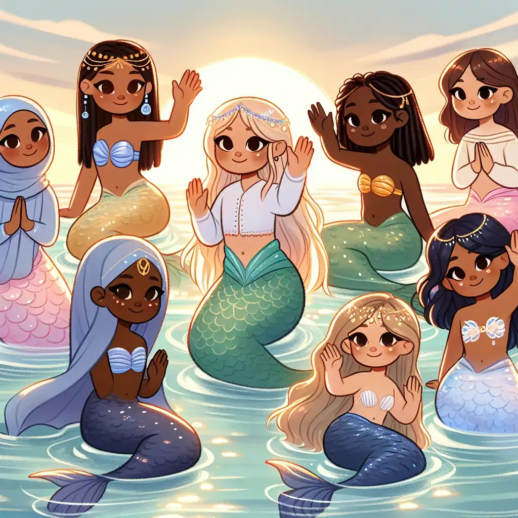A tranquil scene with mermaids waving goodbye, surrounded by sparkling waves and setting sun.
