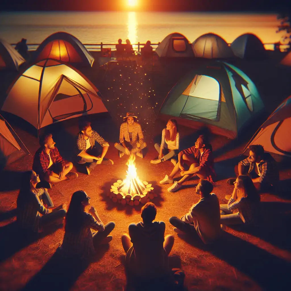 Happy campers sitting around a campfire with their tents in the background at dusk.