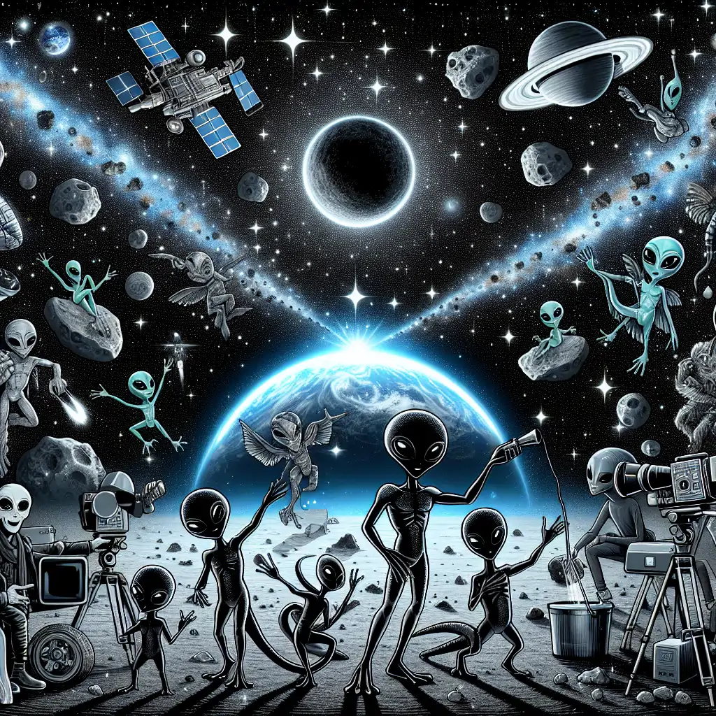 A celestial-themed movie poster featuring aliens in movie-like poses, with Earth in the background.