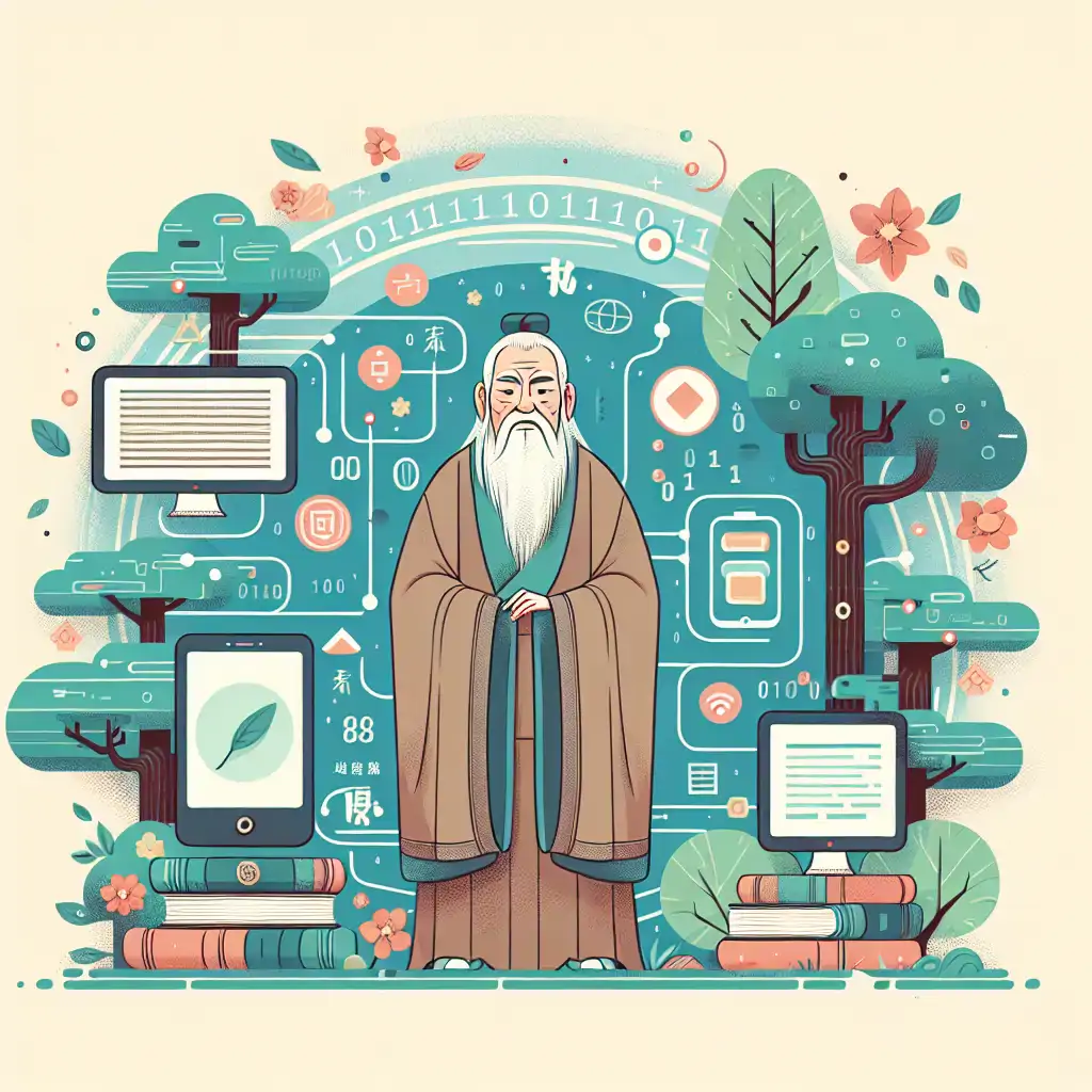 An artistic representation of Confucius’s teachings blending with modern technology motifs, symbolizing timeless wisdom in digital contexts.