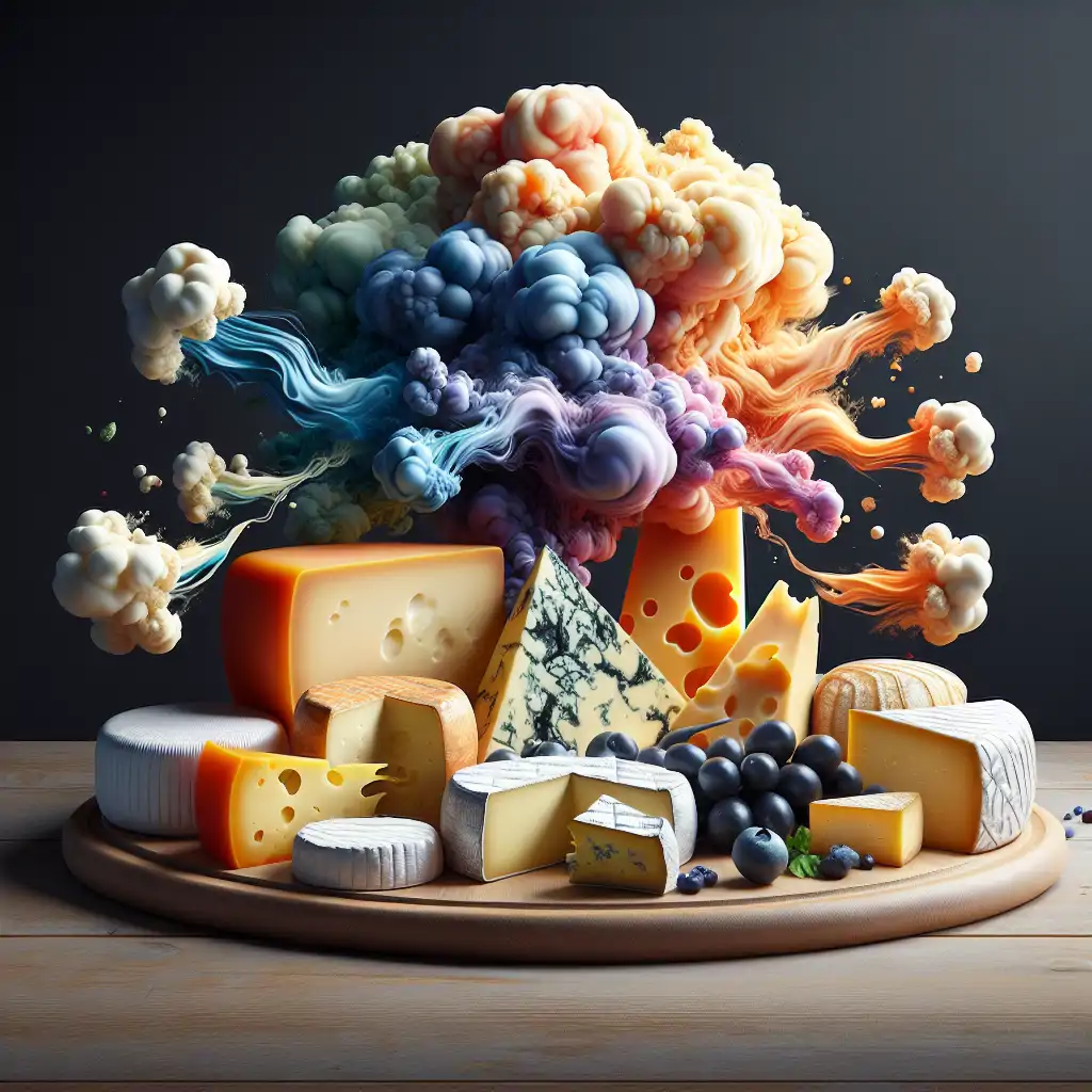 An image showing a diverse cheese board with Limburger, Époisses, Roquefort, and Taleggio, complete with tasting notes and aroma clouds.