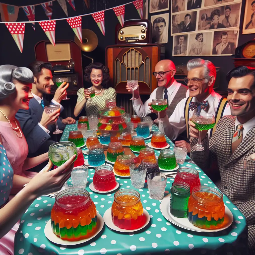 A group of guests enjoying the gin-infused jelly salad at a retro-themed party, with 1950s décor in the background.