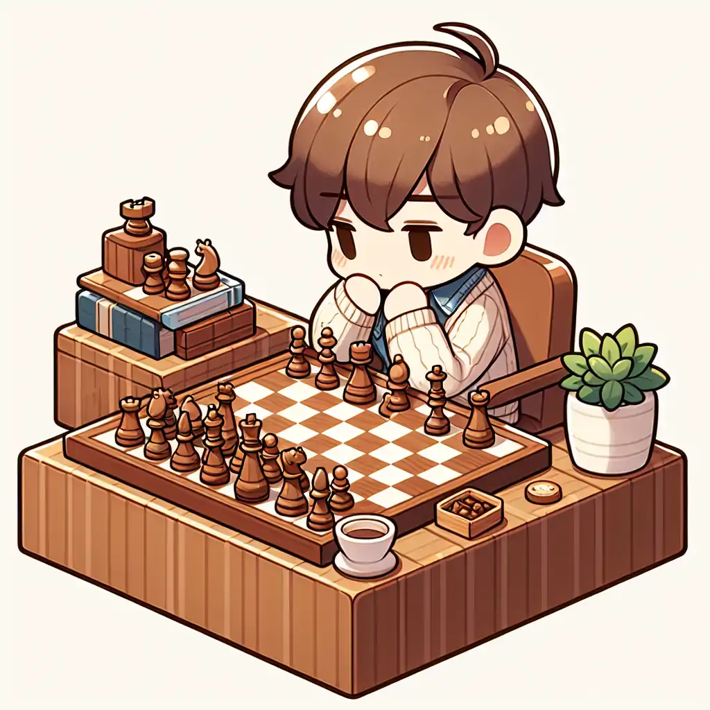 A close-up of a player deep in thought at a chess tournament, surrounded by a wooden chess set.