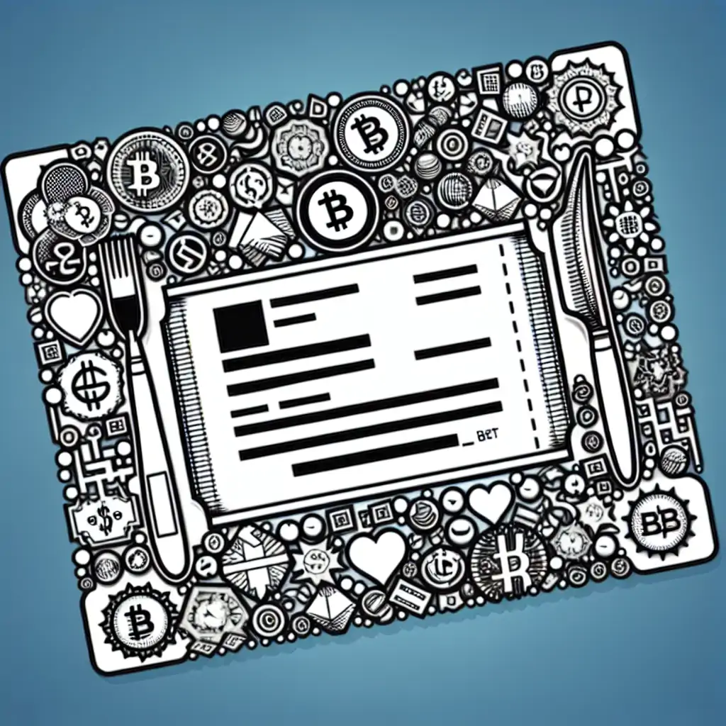 A visual of a restaurant check with blockchain coding and cryptocurrency icons.