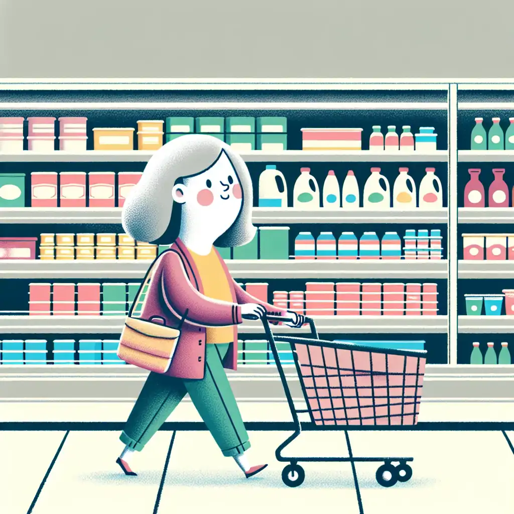A playful image of a person with a shopping cart, looking confident while browsing supermarket aisles.