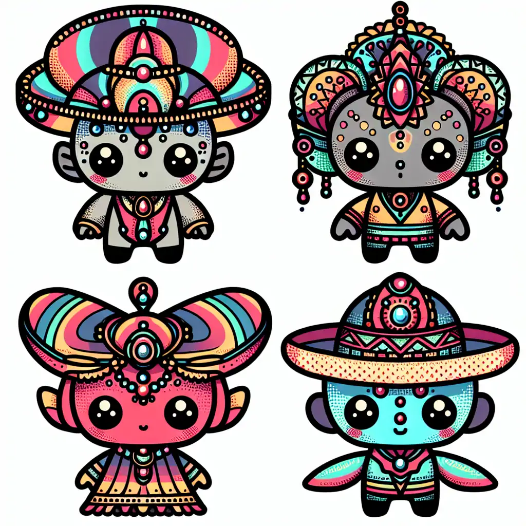 A graphical depiction of aliens wearing extravagant, colorful clothing from different alien cultures.