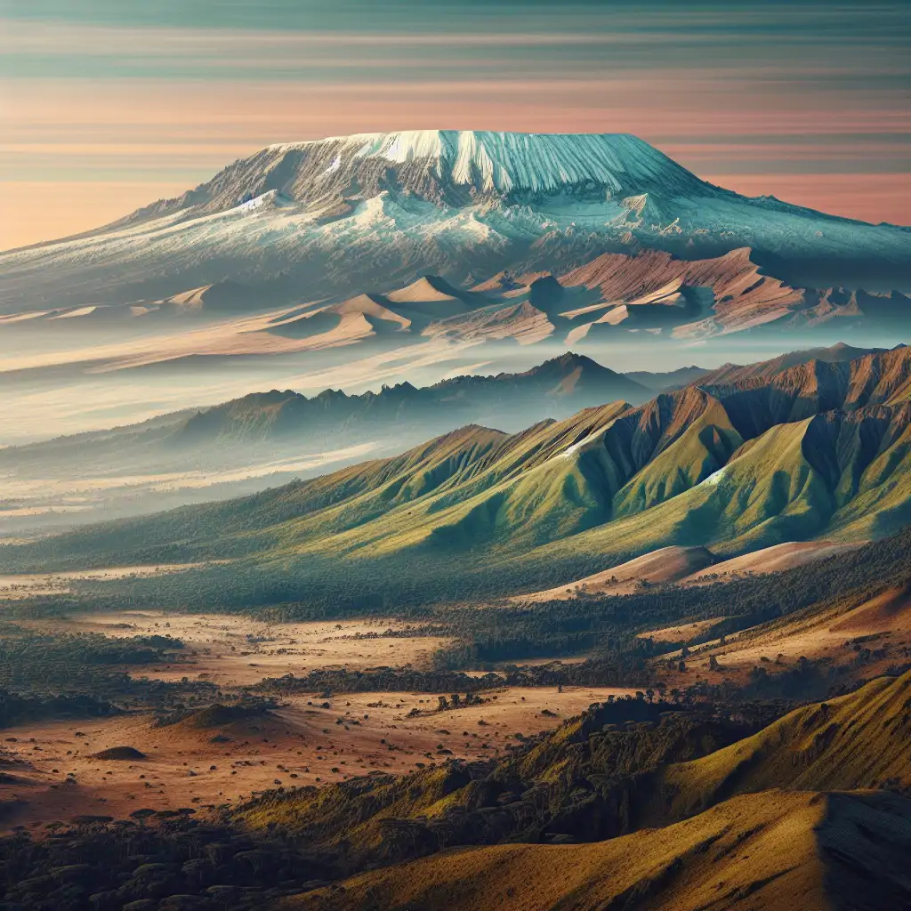 A stunning panoramic shot of Mount Kilimanjaro, with its snow-capped peak soaring above the lush Tanzanian landscape, seen at sunrise.