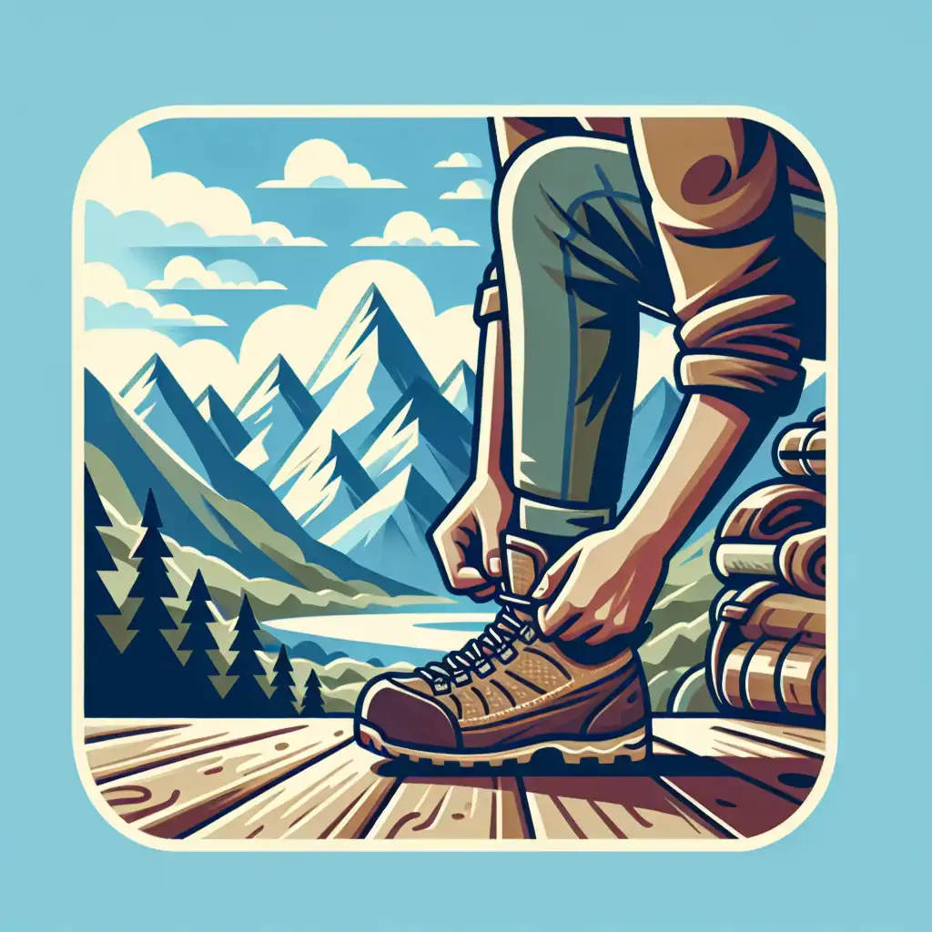 A hiker tying their boots at the start of a trail, with a scenic mountain backdrop.