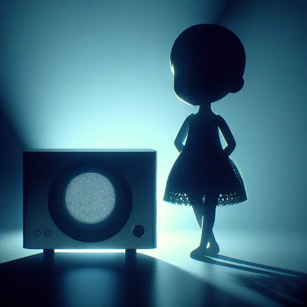 A figure standing beside a smart speaker with mysterious lights and shadows.