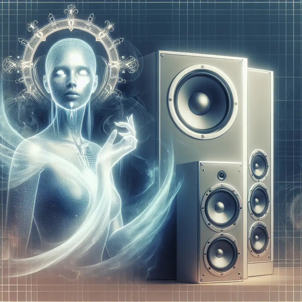 A fading image of a spectral figure near a set of modern speakers, suggesting a blend of technology and spirits.