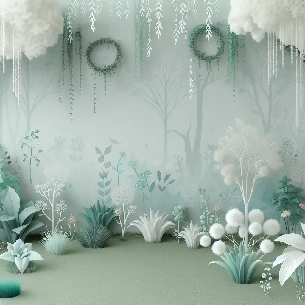 A serene ghostly garden, with a mix of albino and green plants coexisting peacefully.