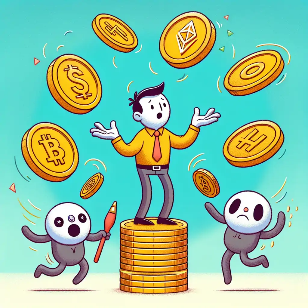 A humorous illustration of a person juggling various crypto coins symbolizing the unpredictable nature of ICOs.