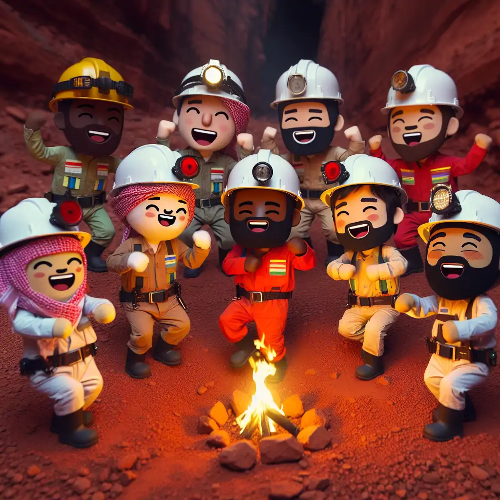 A humorous depiction of geologists and miners engaging in dance and laughter around a campfire in the red earth of Guinea.