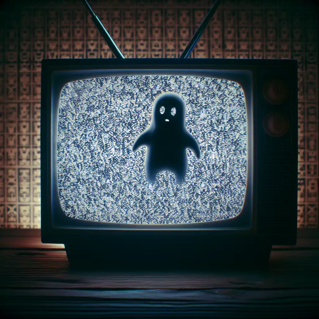 A shadowy figure seemingly appearing on a television screen with static.