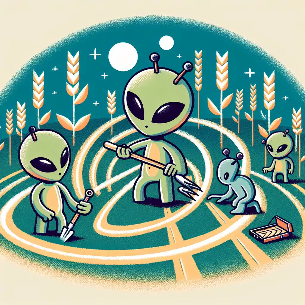 A conceptual artwork depicting aliens creating crop circles with artistic flair.
