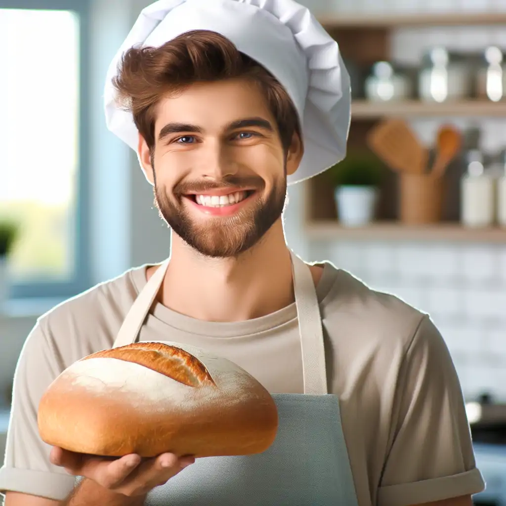 A cheerful baker holding a loaf of bread with a big smile in their kitchen.