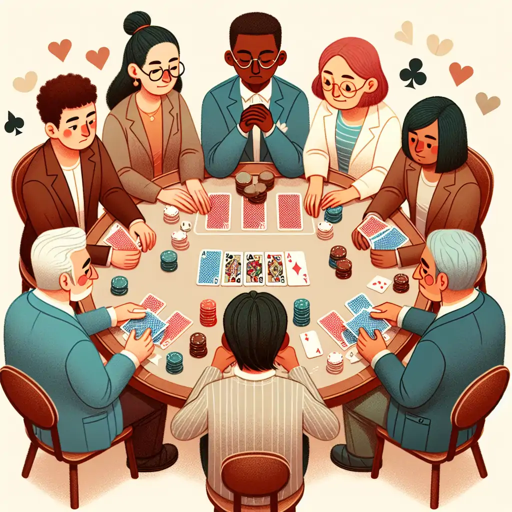 Players huddled around a table, deeply engrossed in a game of Coup, with poker faces and strategic contemplation.