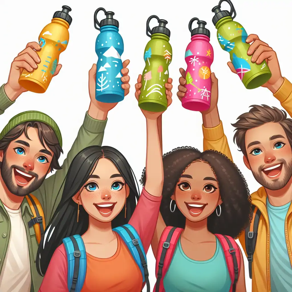 A group of happy hikers holding colorful, eco-friendly water bottles, toasting to a successful adventure.