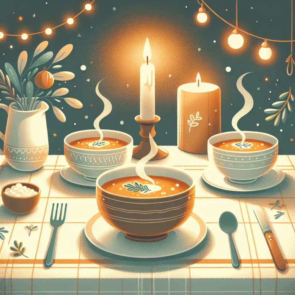 A cozy dining table set, with bowls of steaming soup and a candle, creating a warm, inviting atmosphere.