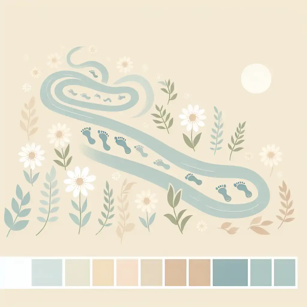 A whimsical image of footprints on a winding path, interspersed with flowers representing the journey of resilience filled with growth and beauty.
