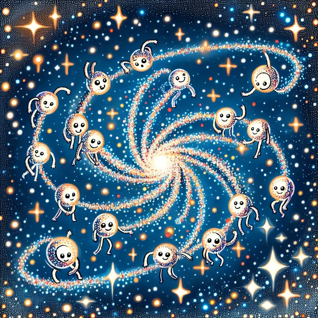 A visual metaphor of the cosmic dance spun from entangled particles in a starry universe.